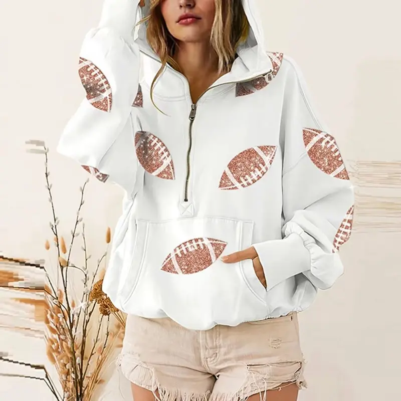 Womens Game Day Sweatshirts Football Sequin Hoodies Tailgate Outfits Long Sleeve Zipper Sweaters with Pocket