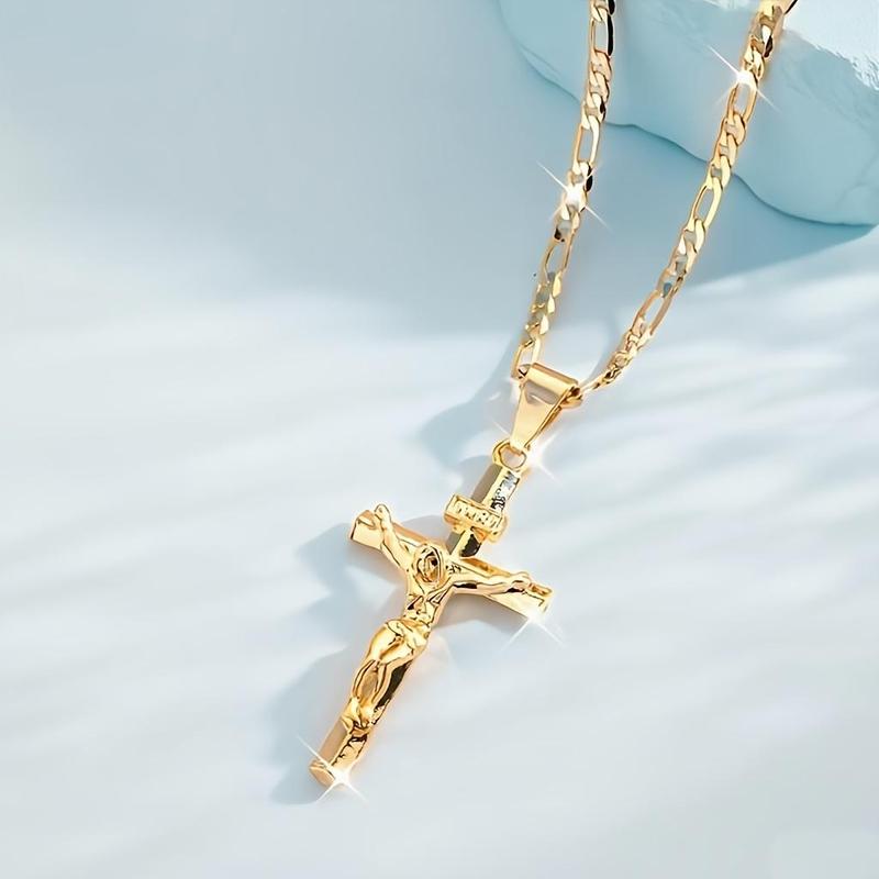 Men's Vintage 14K Gold Plated Jesus Cross Necklace, Smooth & Sturdy Chain, Versatile Religious Jewelry for Daily Wear, Parties & Gifting
