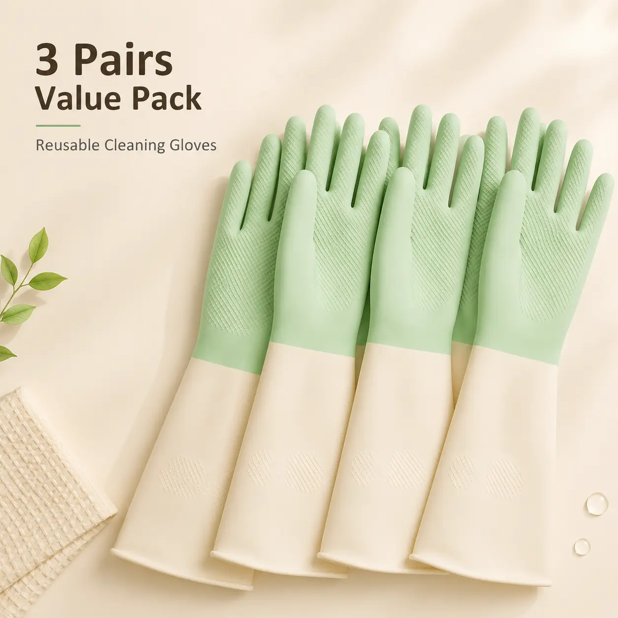 Household Cleaning Gloves Set, 3-Pack Long Cuff Comfortable Waterproof Reusable Gloves with Anti-Slip Grip for Kitchen Bath & Household Tasks
