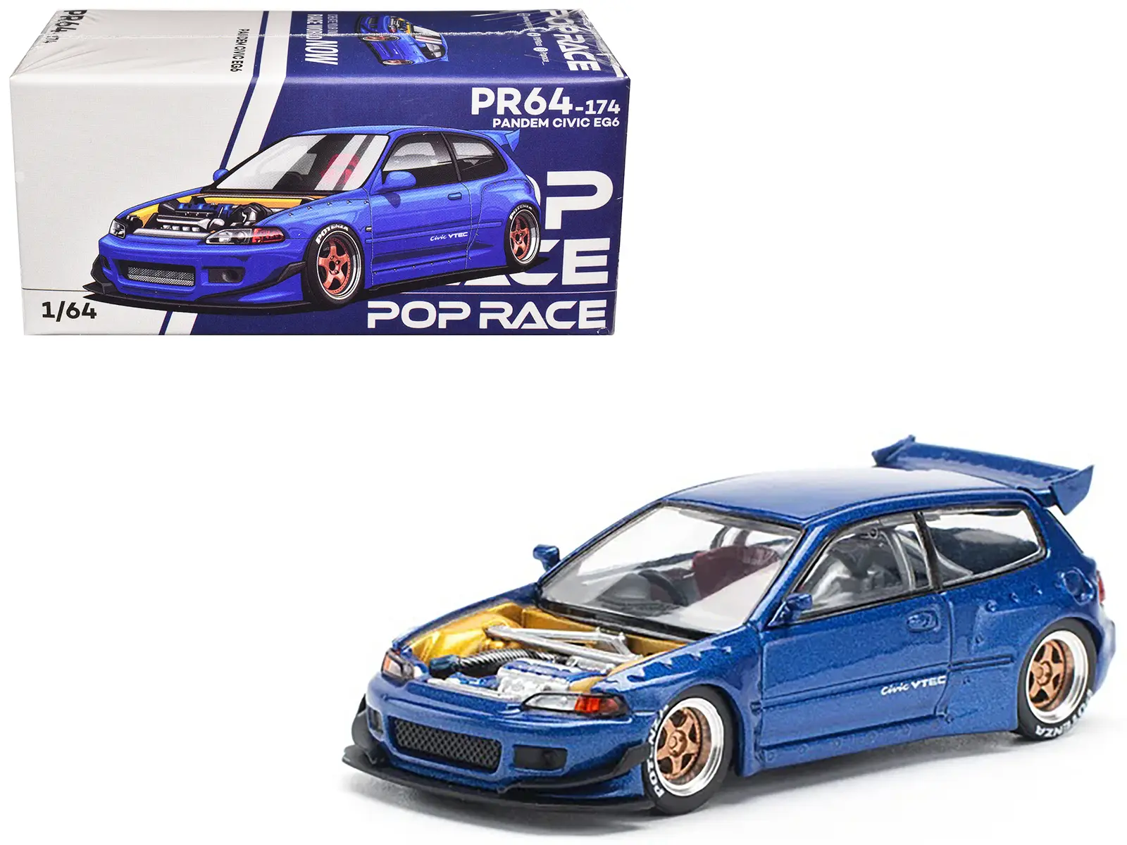 Pandem Civic EG6 VTEC RHD (Right Hand Drive) Blue Metallic with No Hood 1/64 Die Cast Model Car by Pop Race
