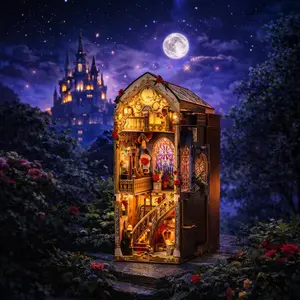 LED-lit DIY Enchanted Rose Library Kit – Wooden Book Nook Bookshelf Insert, Magical Holiday Gift for Adults booknook