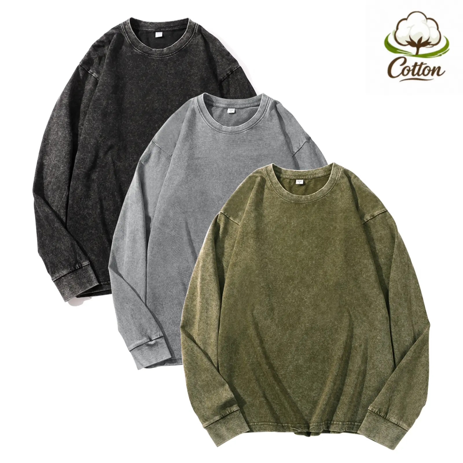 Gihuo Unisex 3-pack Acid Wash Oversized Sweatshirt for Men Women Vintage Loose Fit Cotton Pullover Crewneck Baggy Long Sleeve Basic T-Shirt for Casual Wear Y2K