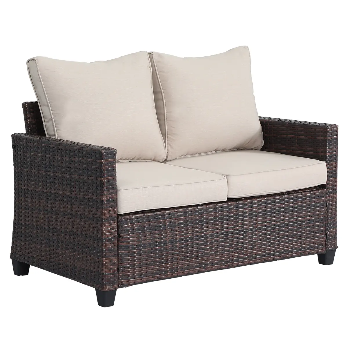 EortheX Outdoor Wicker Sofa - Sturdy 2-Seater Patio Loveseat with Fixed Arms, Ergonomic Contouring, Rustproof Metal Frame, Quick-Dry Water-Resistant Cotton Cushions, Deep Seat, Solid Weave, Tool-Snap 5-Minute Cleanup Balcony Garden Party Furniture
