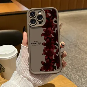 Phone case for iPhone Samsung 17Pro Max Air 16 15Plus 14 13 12 11 XR XS Galaxy S25 S24 S23 S22 A71 A56 A55 A54 A53 A52 Retro Matte Mocha Phone Case With Lanyard Dark Red Lily Flower Pattern Raised Camera Protection Shockproof Religious Gift.NN113