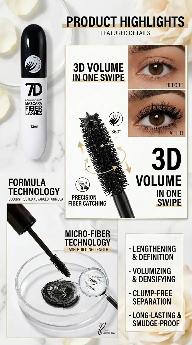 7D Silk Fiber Eyelashes Mascara for Adults - Longwear, Volume & Length Enhancing Mascara, 24-Hour Smudge-Proof Water Resistant, Buildable Spider Lash Look, Beginner Easy Application, Perfect Gift