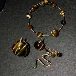Natural Tiger's Eye Copper Wire-Wrapped Jewelry Set，Adjustable Ring+Adjustable Bracelet+Single Bead Pendant/Ball Pendant