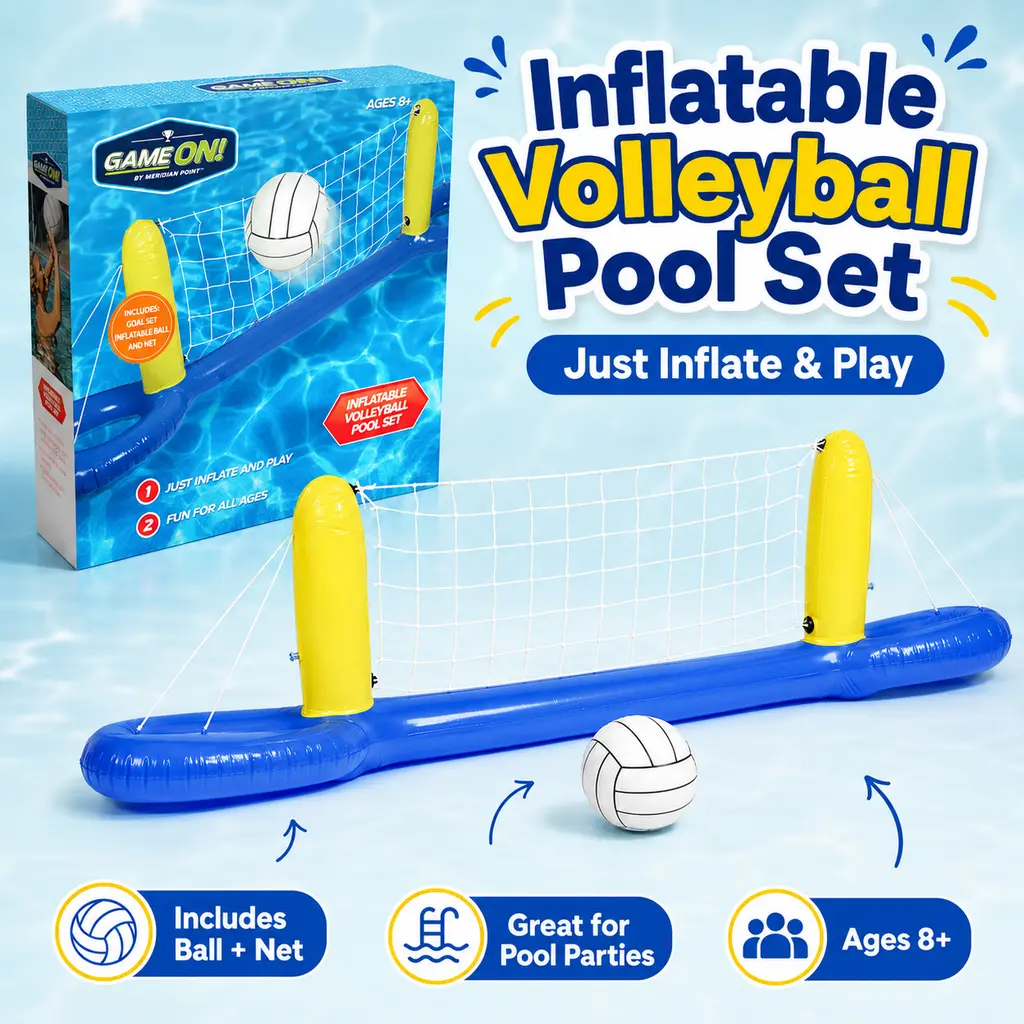 Unisex Inflatable Volleyball Pool Set, Ages 8+, with Floating Net, Ball & Quick Setup for Family Pool Games, Sports
