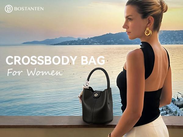 BOSTANTEN Small Crossbody Bags for Women Vegan Leather Mini Bucket Shoulder Purse with Scarf Removable Shoulder Strap