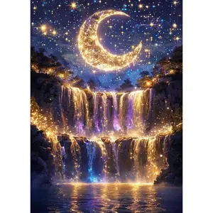 Moonlight Waterfall Diamond Painting Kit 5D Full Drill Round DIY Art for Adults Beginners Home Wall Decor Gift Set 12x16 Inch
