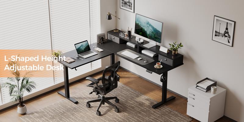 Agilestic L Shaped Standing Desk with Drawers & Monitor Shelf, Electric Height Adjustable Corner Desk, Ergonomic Home Office Computer Desk with Hooks & Cable Management,Black/Rustic Brown/White/Light Rustic Brown