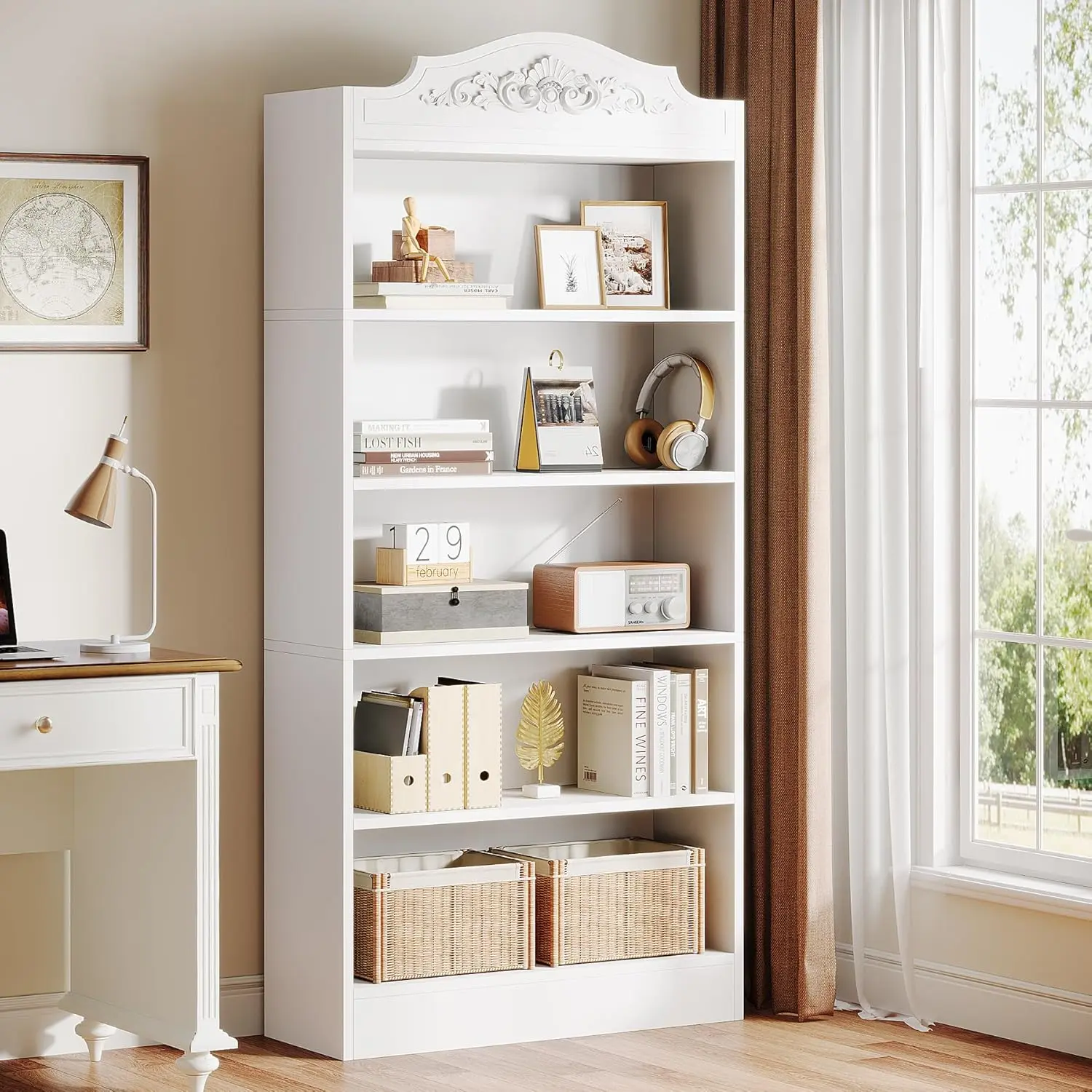 LITTLE TREE 73 Inch Tall Bookcase, Modern 5-Shelf White Library Bookshelf with Storage Shelves, Freestanding Book Shelf, Wide Wood Storage Etagere for Bedroom/Living Room/Home