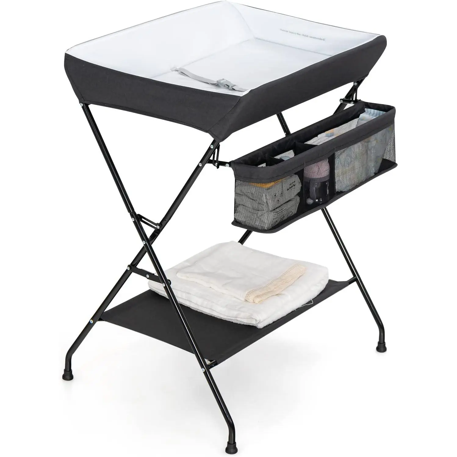 Costzon Changing Table, Portable Baby Changing Table Foldable Diaper Changing Station with Safety Belt, Large Storage Rack & Shelf, Nursery Organizer for Newborn Infant