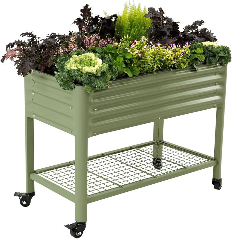 Rolling Elevated Raised Garden Bed V Series 2' x 4' with Legs & Storage Rack for Patio Porch 700 Lbs Capacity Outdoor Planter Box for Vegetables Flowers Herbs Heavy Duty Planter Pot Plant Stand