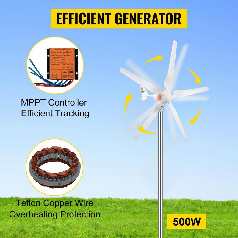 VEVOR Wind Turbine Generator, 12V/AC Wind Turbine Kit, 500W Wind Power Generator With MPPT Controller 5 Blades Auto Adjust Windward Direction Suitable for Terrace, Marine, Motor Home, Chalet, Boat