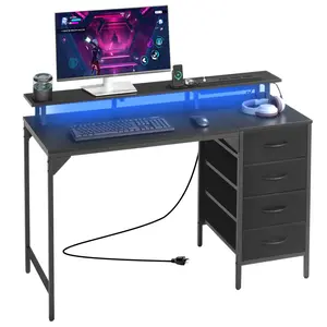 47-Inch Computer Desk With LED Lights And Power Outlets, Gaming Table With Four Large Drawers, Office Desk With Monitor Stand, Study Desk For Home Office And Small Spaces, Black Finish, Ergonomic Workstation