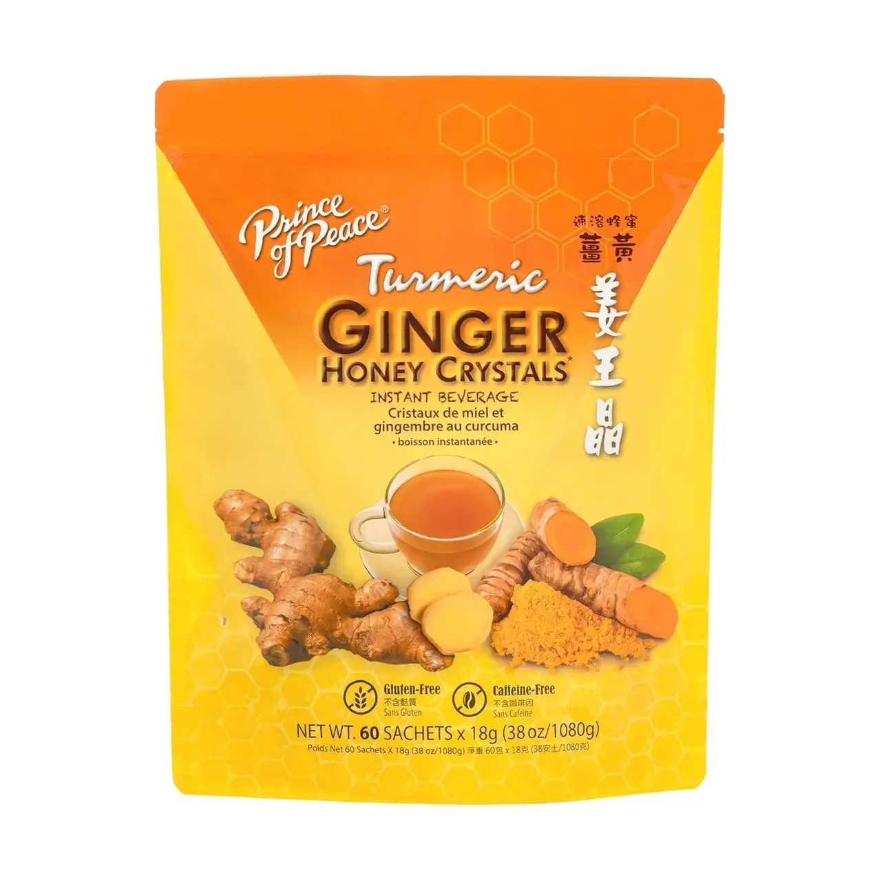 Prince of Peace Instant Ginger Honey Crystals with Turmeric, Value Pack 60 Sachets – Instant Hot or Cold Beverage Easy to Brew – Drink Like a Tea – Caffeine and Gluten Free – Real Ginger 38oz (1080g)undefined