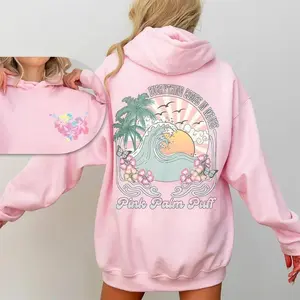 Pink Palm Puff Hoodie – Everything Comes In Waves Retro Beach Graphic, Unisex Casual Streetwear Summer Outfits Top, Perfect Ideas