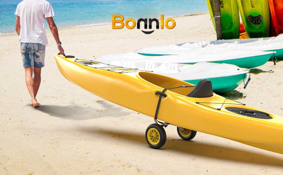 Bonnlo Foldable Aluminum Kayak Trailer with 10'' Solid Tires, Universal Kayak Wheels Cart for Canoe, Paddle Board, Boat, Float Mats, Jon Boat