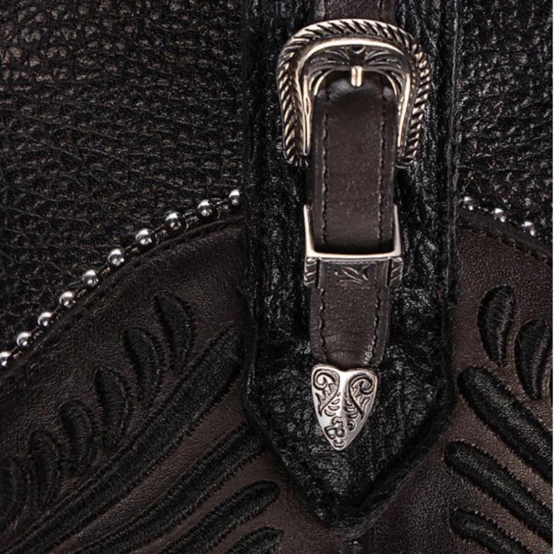 LD Black Python M Embroidery Studs & Zipper Round Toe Women's Boots with Unique Design and Stud Detailing