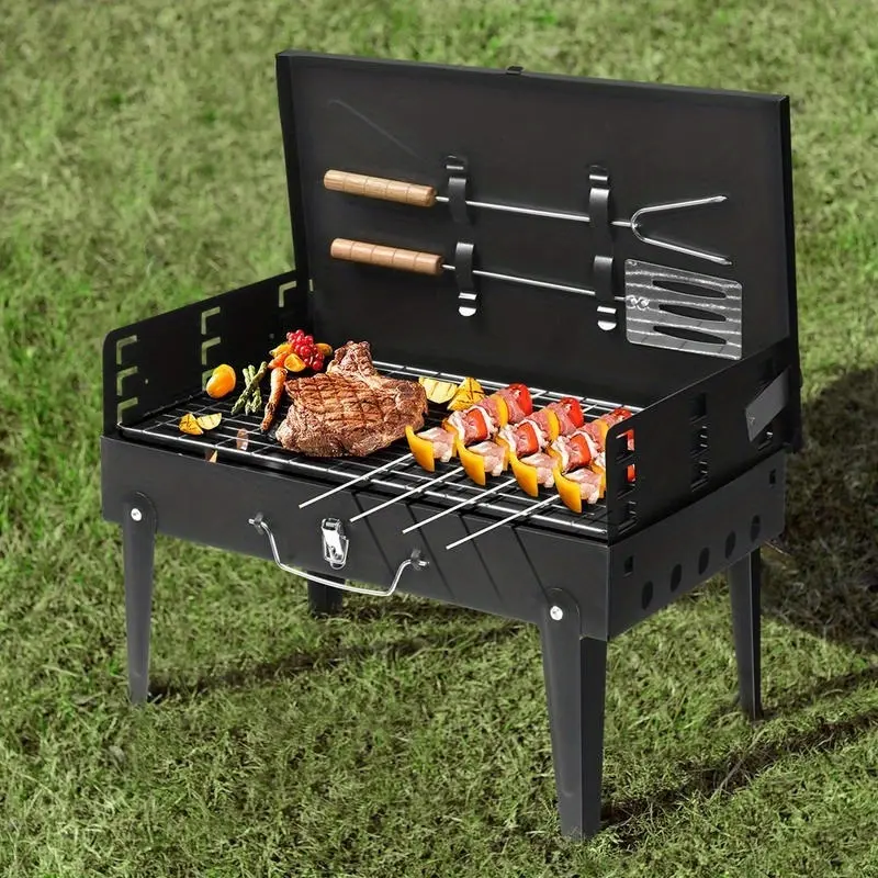 Portable Fold & Go Square Stainless Steel BBQ Grill - Outdoor Cooking Equipment, Bamboo Charcoal Compatible, Food-Safe Surface, Includes Kickstand, Compact for Camping Backyard Use
