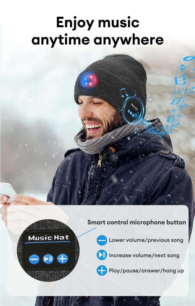 MGALL Bluetooth Beanie with LED Headlight and Removable Speakers, USB Rechargeable Knit warm winter Hat balaclava Hat for Music and Calling, sport,outdoor