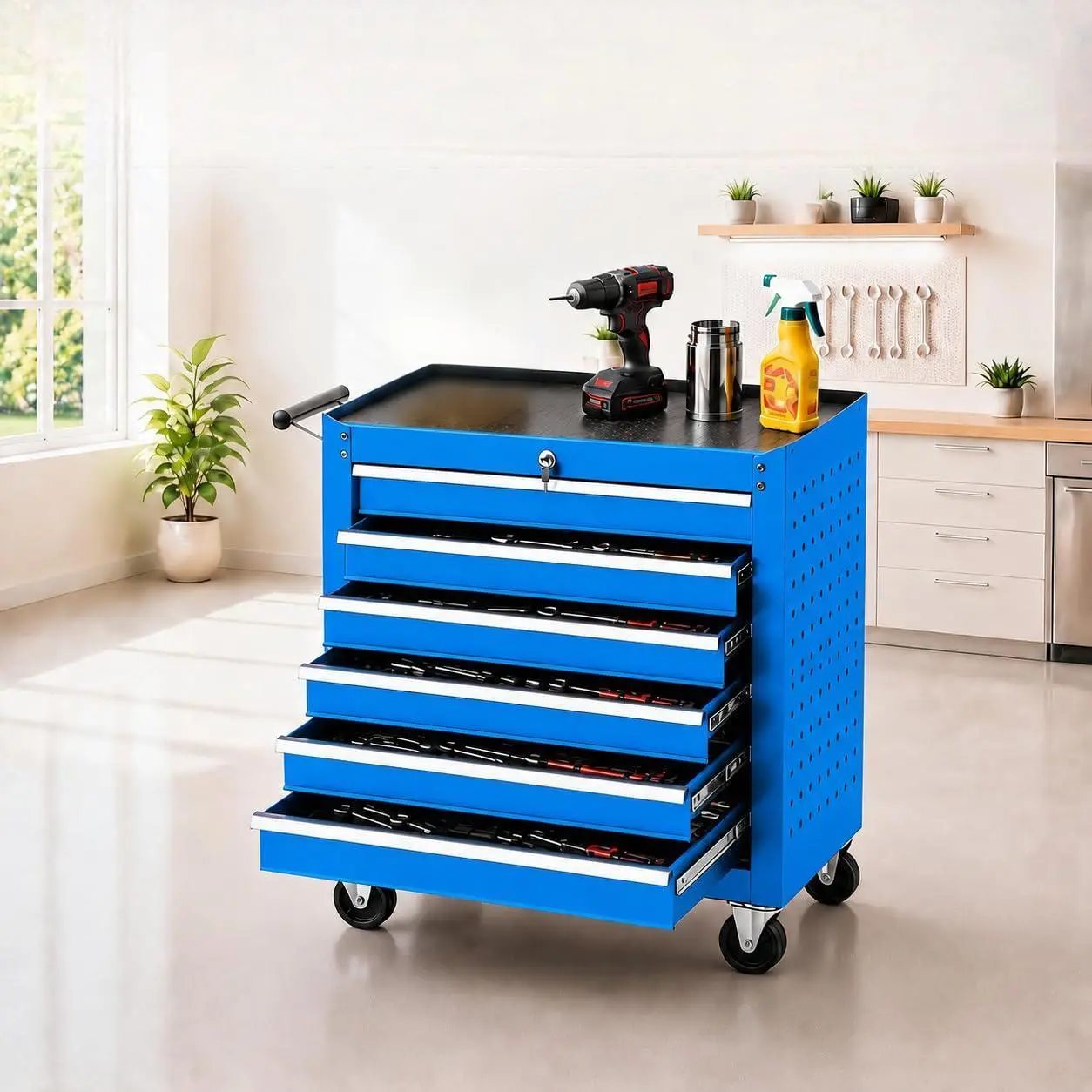 24-Inch Lockable Steel Rolling Tool Chest - 6-Drawer Storage Cabinet Cart with Wheels, Pull Handle & Liners - Portable Organizer for Garage Users, Auto Repair Tools