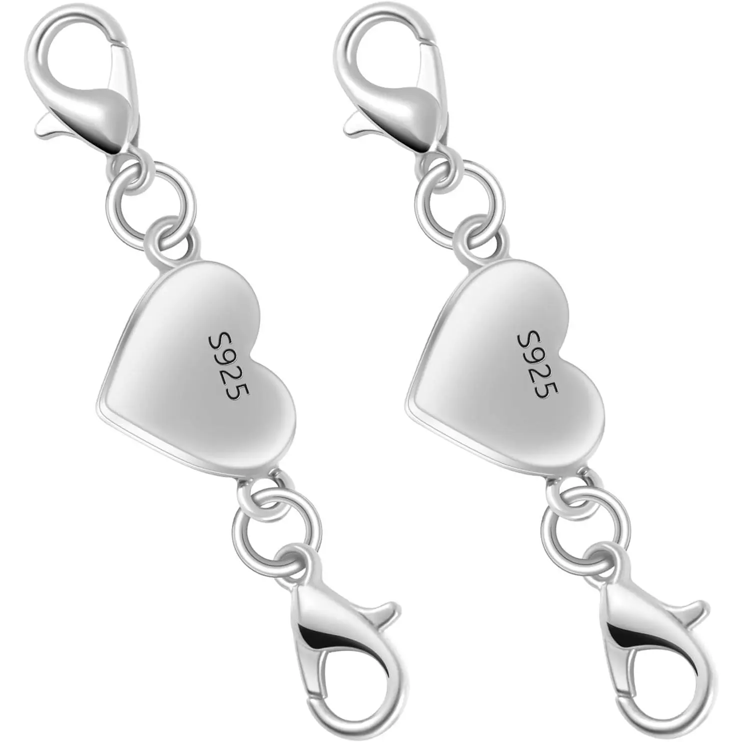 925 Silver Magnetic Heart-Shaped Jewelry Clasps, 2-Pack Connectors for DIY Jewelry Making - Tarnish-Resistant Chain Extender for Necklaces, Bracelets, Magnetic Heart Charms, Heart Shaped Necklace