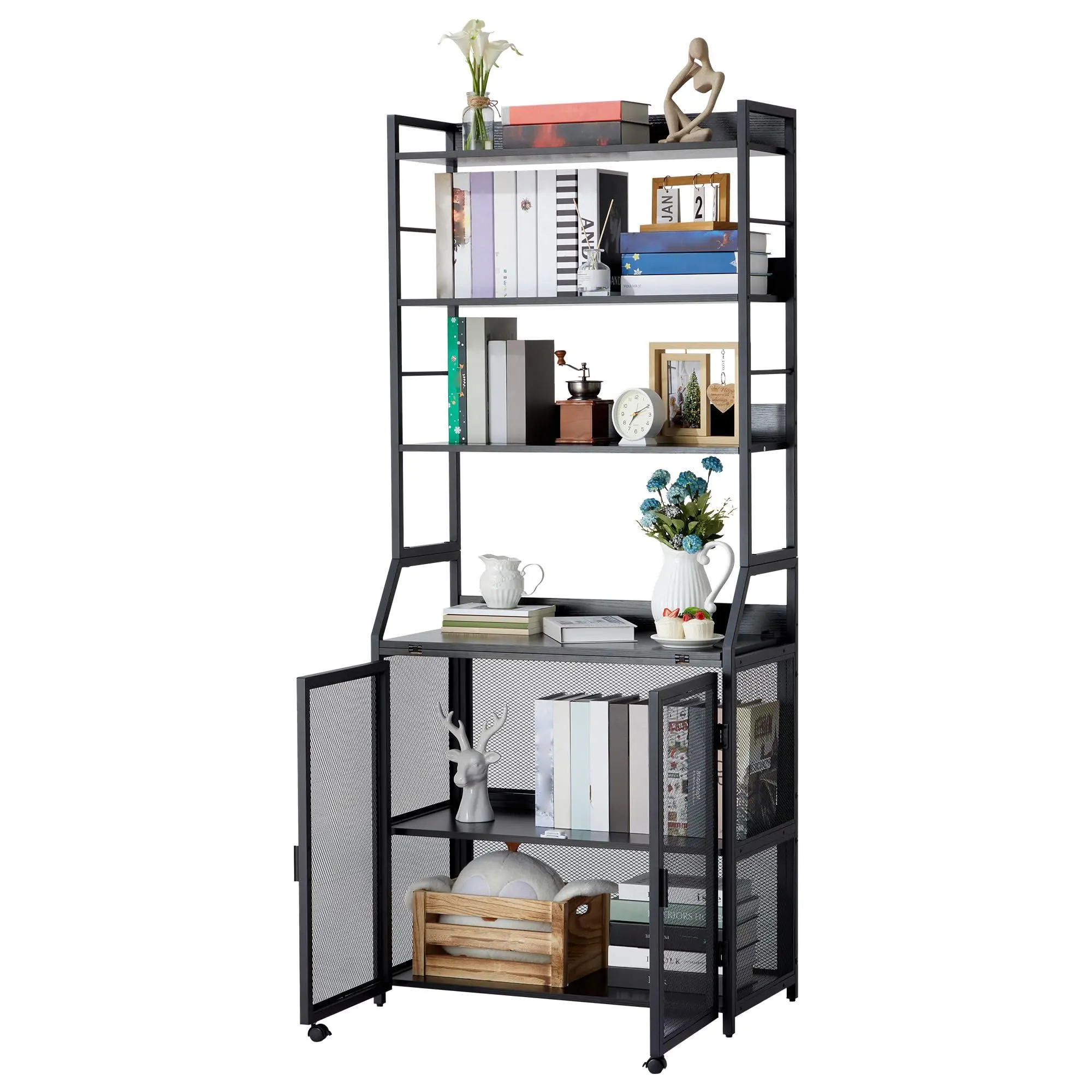 2-in-1 Single Unit Bookshelf Desk, Modern Industrial Space Saving Furniture, Metal & Wood Cabinet Storage, Floor Standing Home Office Piece, 23x9x71in, Black