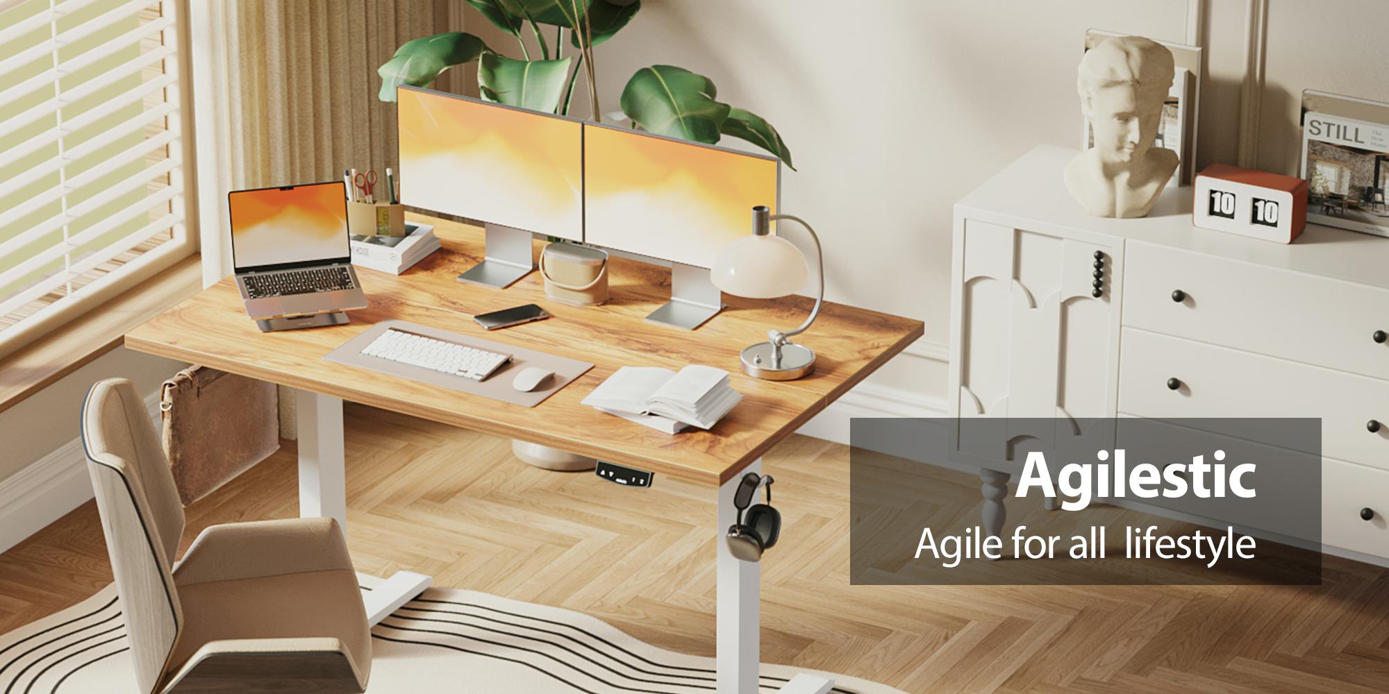 Agilestic 63 Inch Adjustable Electric Standing Desk,Morden Sit to Stand Desk,Computer Desk for Home Office Workstation,Oka/White/Black/Rustic Brown