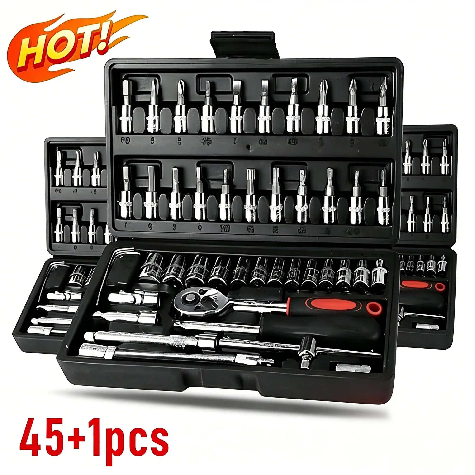 【SummerVibes】46pcs 1/4 Inch Car Repair Machinery Tools Set, Household Machinery Tools, Socket Wrench Diy Repair Tool Kit, Ratchet Screwdriver Compatible with Car Repair & Bicycle Repair, Hardware Toolbox Compatible with Auto Repairing & Household,Gift
