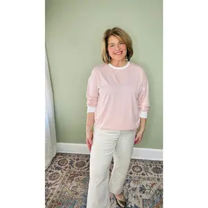 Pink Stripe Contrast Edge Patchwork Long Sleeve Top