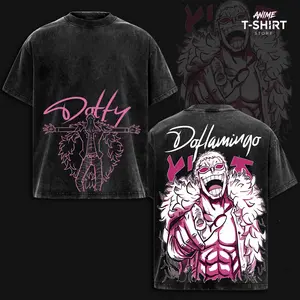 Doflamingo - OP Vintage Washed Oversized Tee, Pink Line Art Villain Design, Heavyweight Cotton Unisex Streetwear, Anime Manga Fan Gift, Relaxed Fit Daily Wear