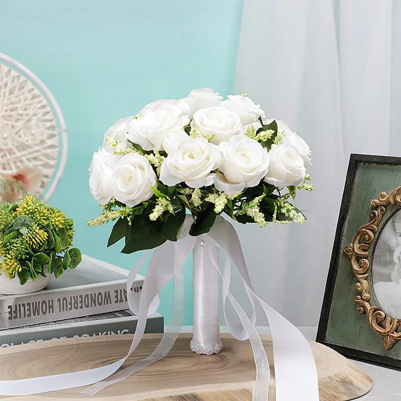 Bridal Bouquet Artificial Flowers – Elegant Handheld Roses Bouquet Wedding Bouquet for Bride, Bridesmaid, Photography Prop, Realistic Decorative Fabric Floral for Ceremony, Home Decor & Special Events
