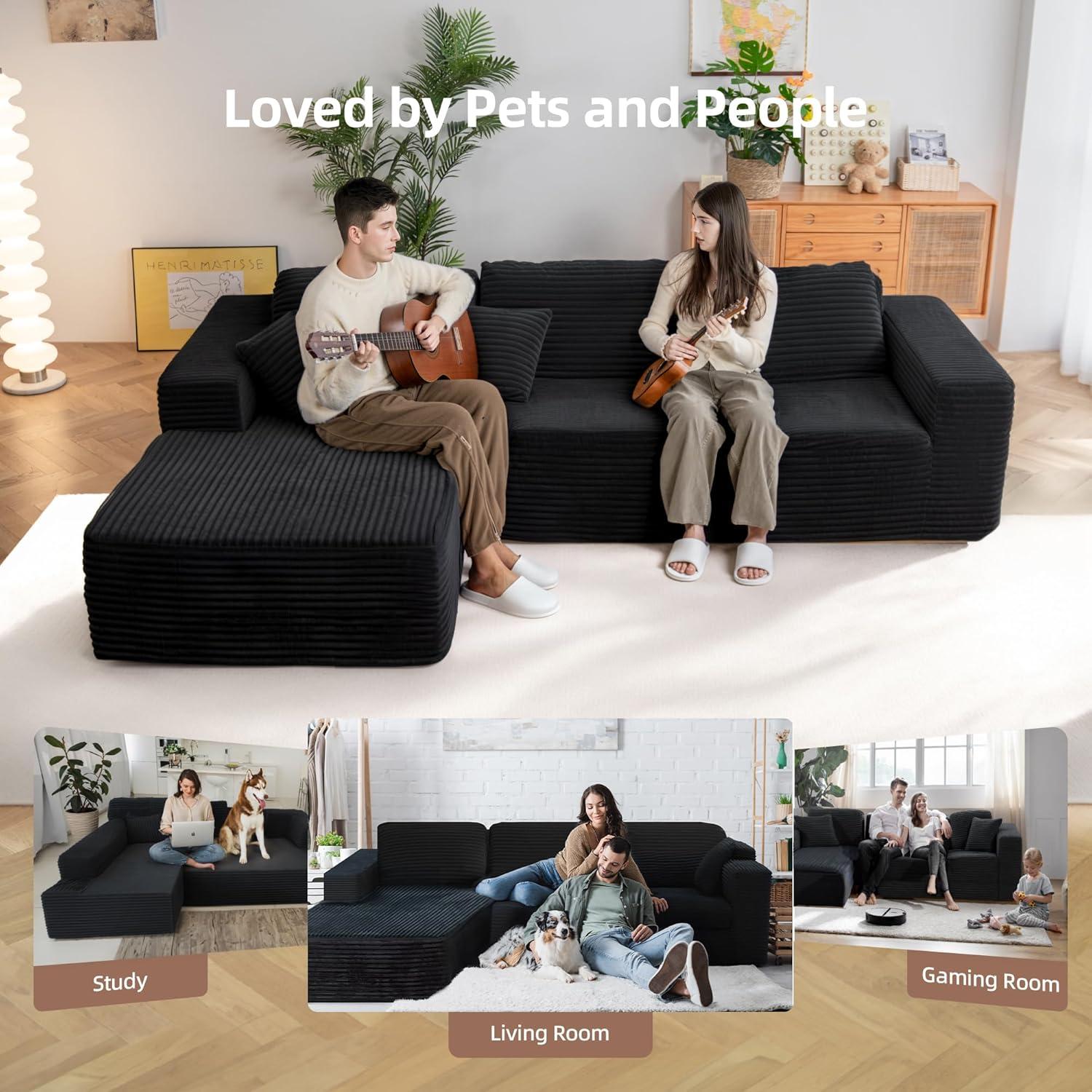 [2 Packages shipping】 105" Plush Corduroy Cloud VelvetModular Couch with Chaise , No Assembly Required -L-Shaped Sectional Sofa Set with Flexible Configuration