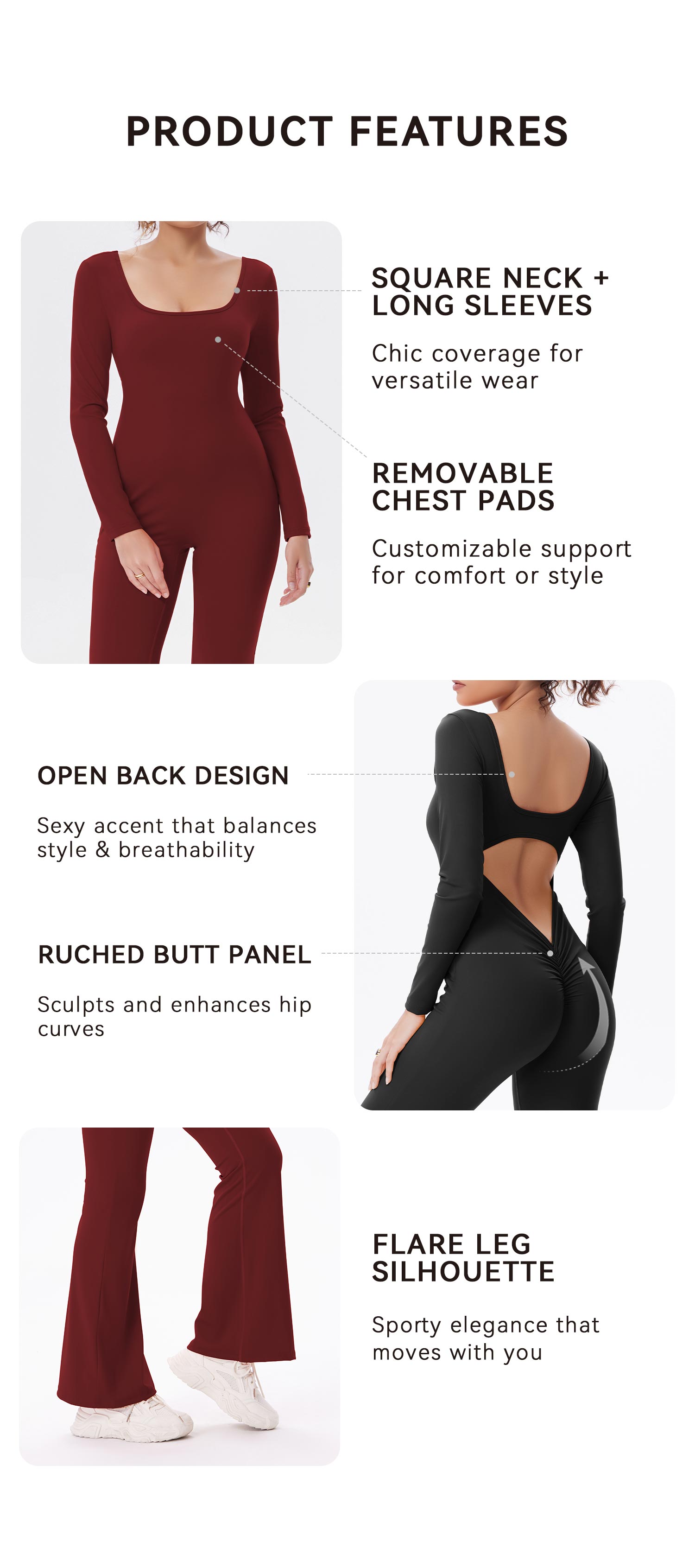 OQQ Women’s Backless Wide Leg Jumpsuit With Removable Built-In Padding – Long Sleeve Stretchy Flared V Back Yoga Romper SpringStatements