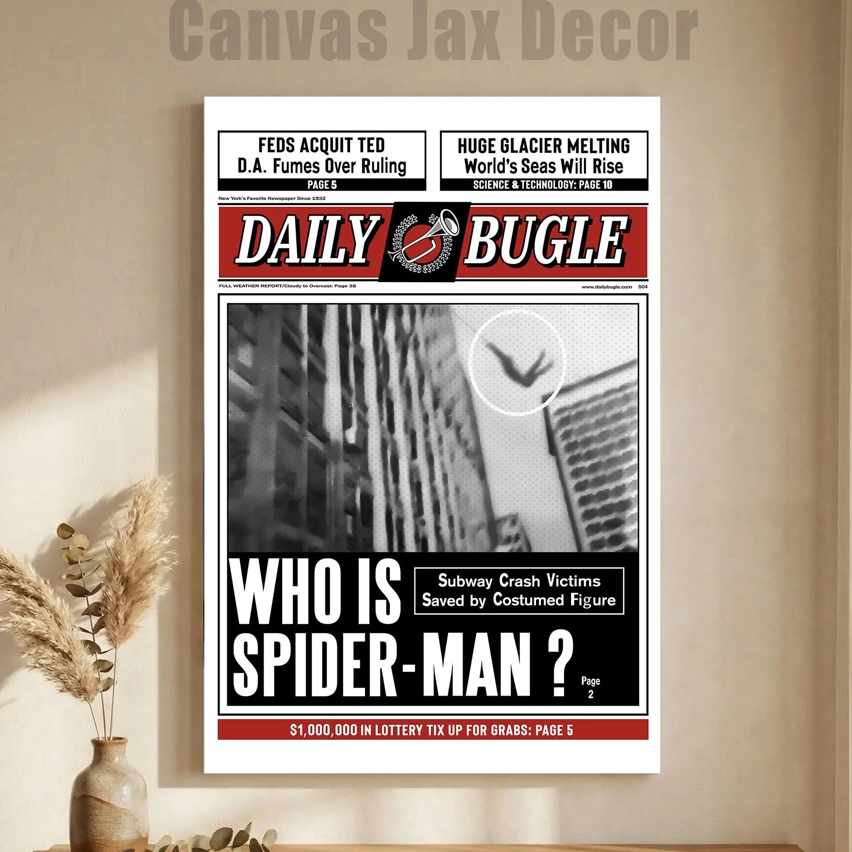 Retro Daily Bugle Newspaper-Style 1-Piece Canvas Poster - Spider-Man Artistic Multi-Size Wood Frame Wall Decoration Print for Movie Enthusiasts, Ideal for Living Rooms, Great Gifting Option, One-Piece