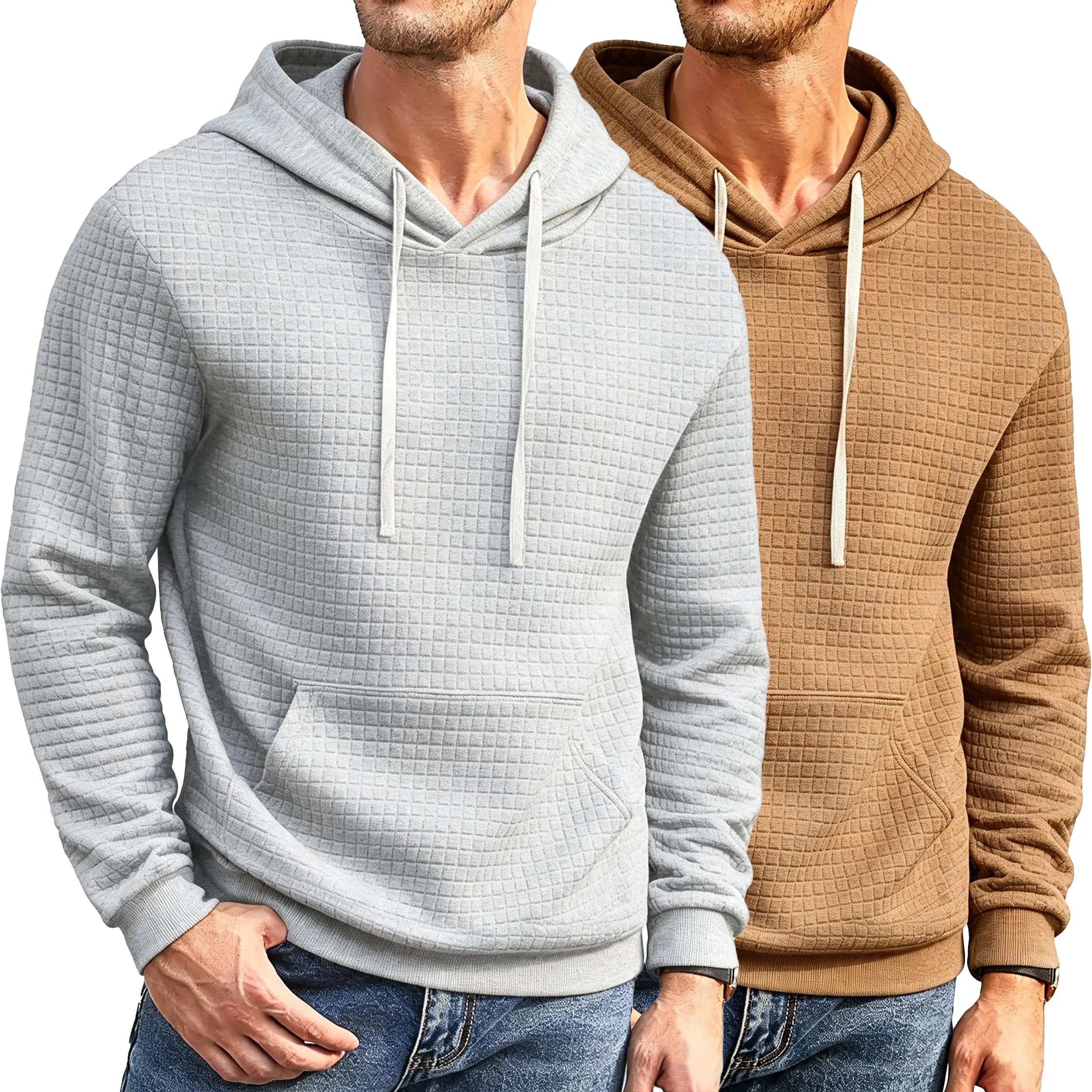 Men's Padded Quilted Hoodie - Stylish, Cozy Polyester Clothes with Drawstring, Long-Sleeve Top Ideal for Fall, Winter Casual Wear, Gray & Beige Plain Styles Available