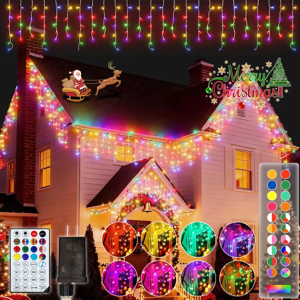 20Ft 240LEDs Smart RGB Icicle Lights Outdoor 48 Drops, APP & Remote Control Music Sync Christmas Roof Icicle Lights, Clear Wire, Millions of Functions, Timer, Brightness Adjustable, Color Changing Lights, Home Decor for Yard, Patio, Fence, Roof, Party,