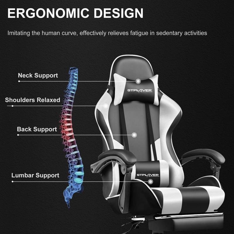 GTPLAYER Gaming Chair, Computer Chair with Footrest and Lumbar Support, Height Adjustable Game Chair with 360°-Swivel Seat and Headrest and for Office or Gaming