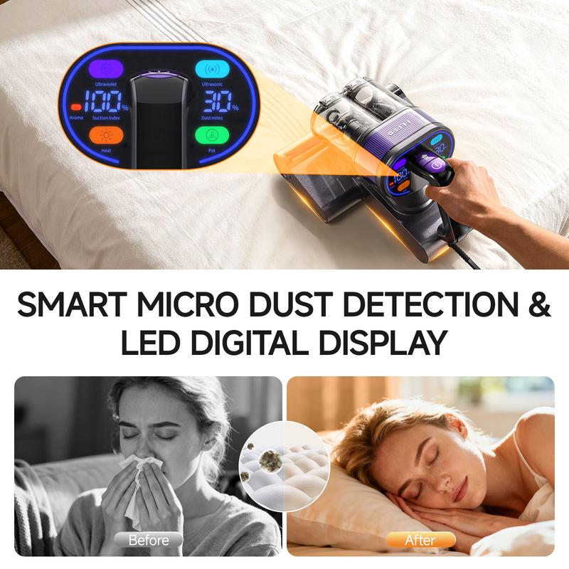 FEPPO Upgraded Mattress Vacuum Cleaner with UV-C Light & 149℉ Hot Air & Aroma Tablet & LED Display, 4-in-1 Bed Vacuum for Dust Mites Removal, 40,000/min Tapping, 16KPa Powerful Suction, HEPA Filter Handheld Vacuum for Bed Couch Sofa Carpet