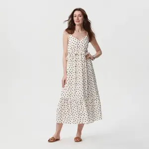 A New Day Women's Tiered Midi A-Line Dress - Polka Dot, Lightweight Recycled Polyester, V-Neckline, Sleeveless, Casual Summer Garment
