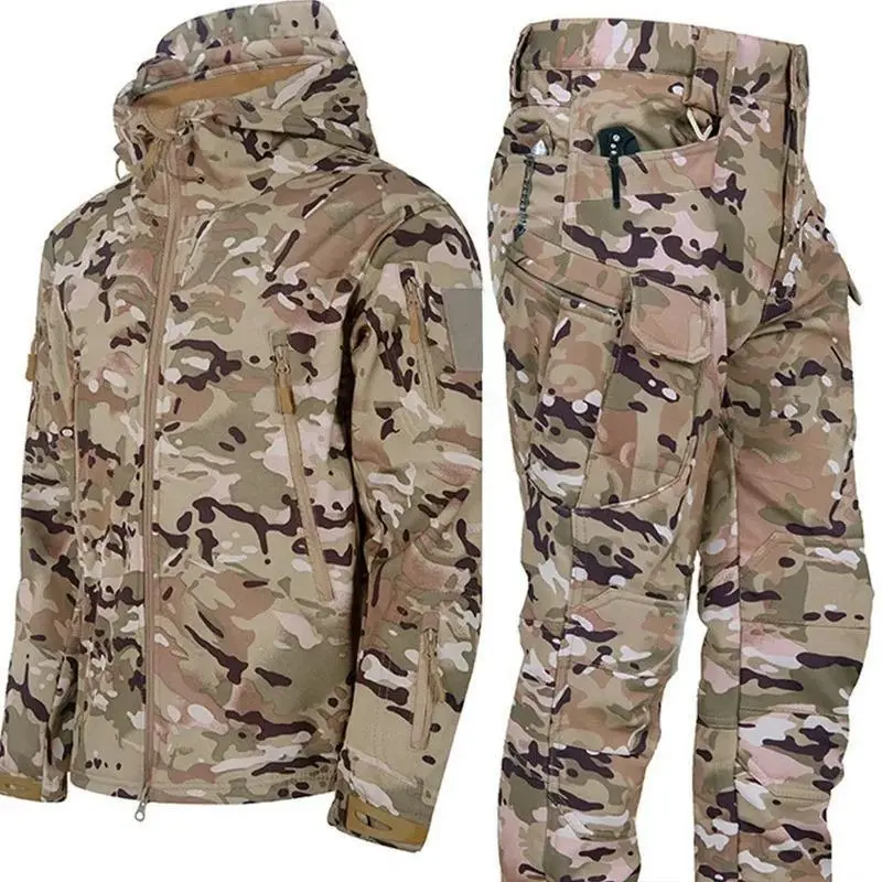 Men's Winter Jacket Tactical  Sets FleecedWindproof Waterproof Padding Suits  Uniform Pockets Camo, Long Sleeve, Matching