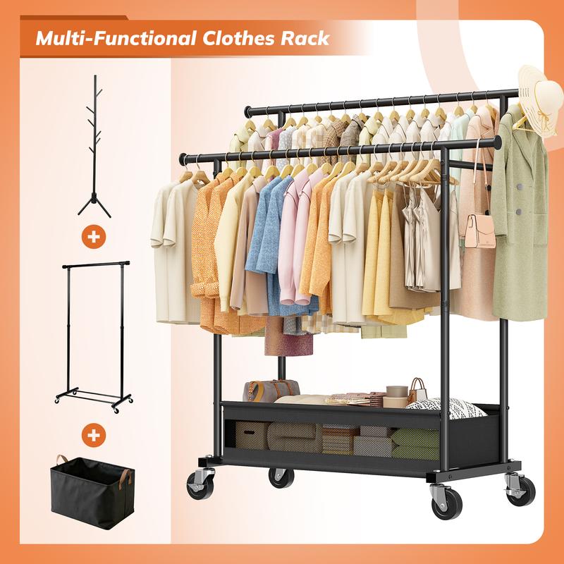 Raybee Clothing Rack with Shelves &Double Hanging Rods, Portable Clothes Rack with Wheels Rolling Garment Rack,  HangingClothing racks Holds Up to 245LBS, Metal Closet Rack, Clothes Organizer Solutions 43.3"Wx22"Dx70.3"H