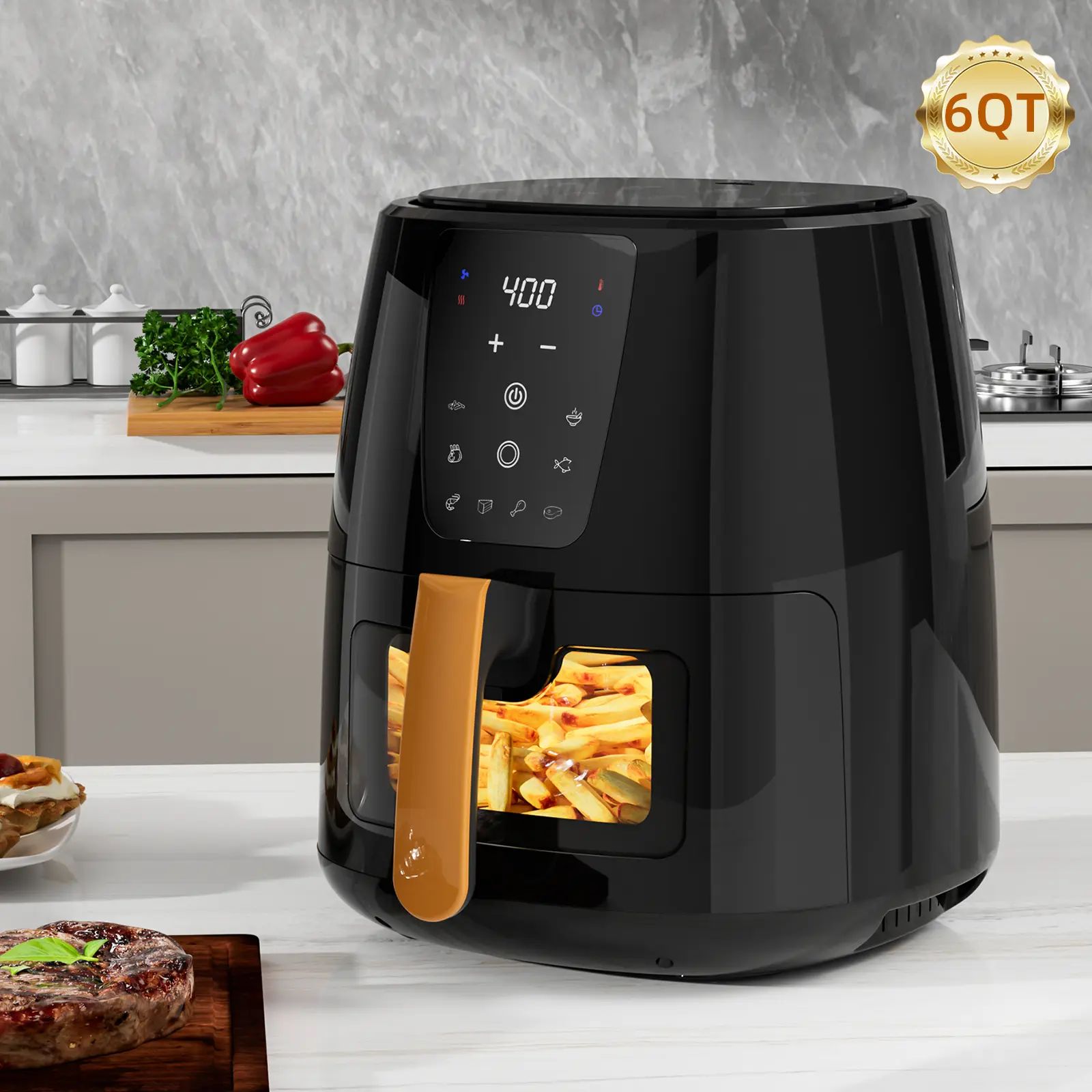6.0 QT Family Size Digital Air Fryer with Window, Touchscreen Display, 400F Customized Temp/Time, Nonstick Basket, Heat Protection for Safety, Grease Reduction Kitchen Appliances, 6qt Family Batch, Black for Kitchen Use, Family Size Fryers