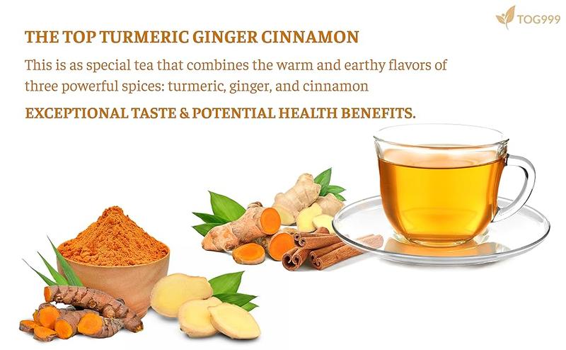 Turmeric Ginger and Cinnamon Tea, 100% Natural, Anti-Inflammatea. 100% handmade, Eco-conscious Tea Bags. No Sugar, No Caffeine, No Gluten, Vegan.