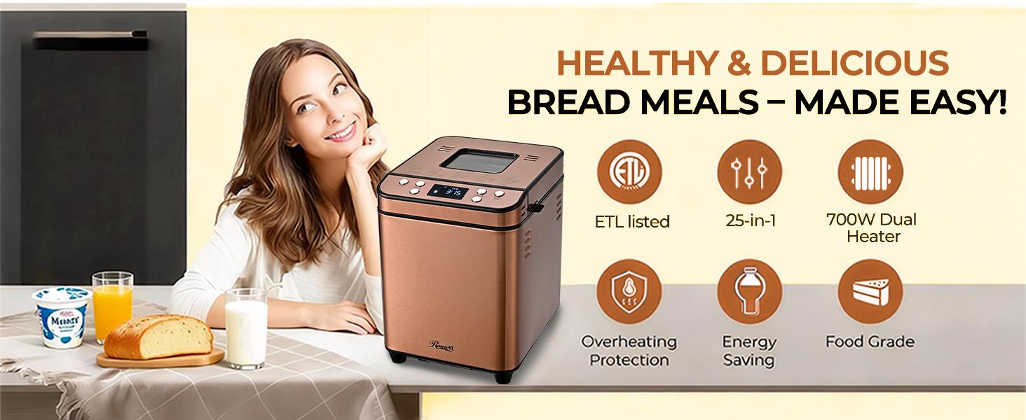 Rosewill 25-in-1 Automatic Bread Maker Machine with 3 Loaf Size up to 2LB, 700W High Power Dual Heater Bread Maker with BPA-free Nonstick Coating Pan, Max 15 Hours Delay Timer, Low Noise - Cinnamon