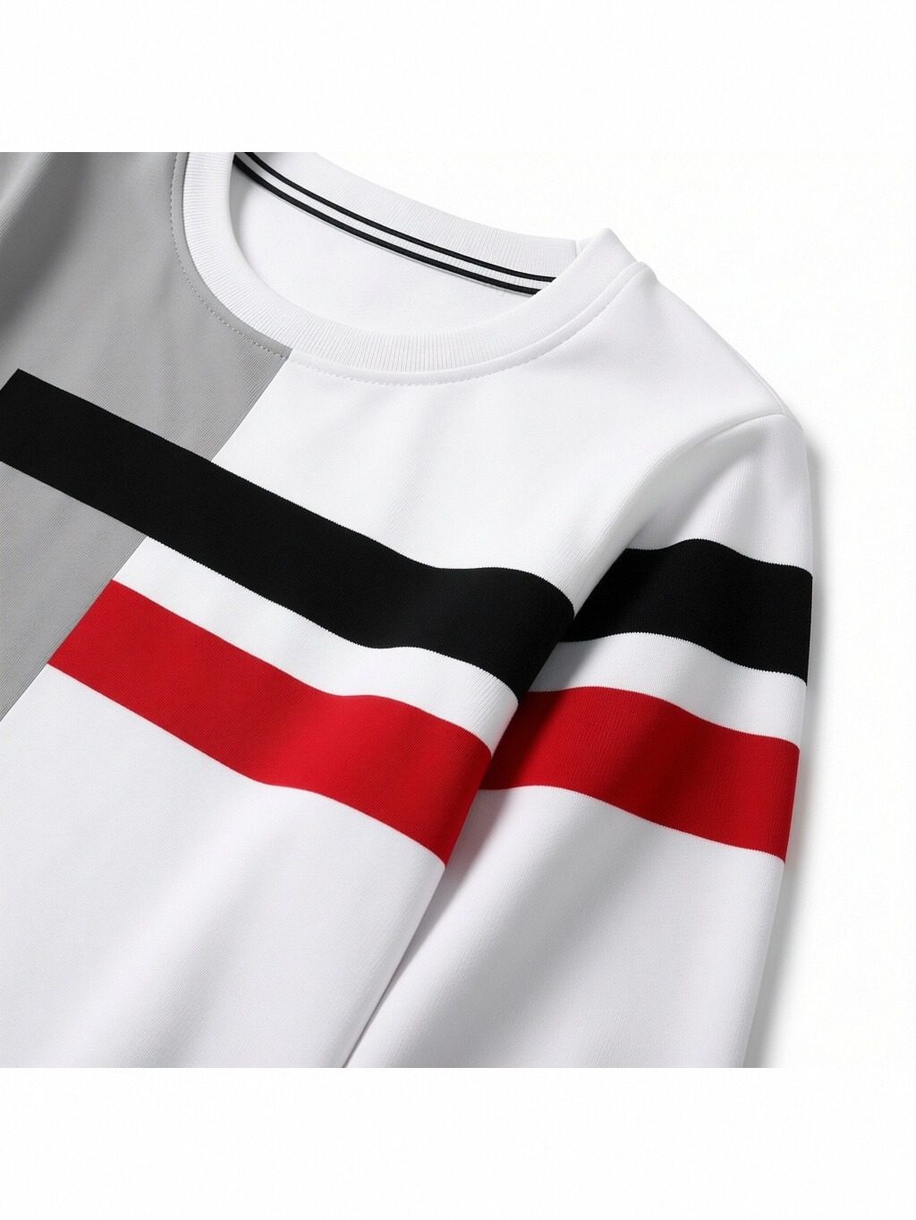 2026 Fashion Street-Style Men's Two-Tone Sportswear Set, Two-Piece Crewneck Long-Sleeve Sweatshirt and Jogger Pants, White/Grey with Black and Red Stripe Design, Casual Everyday Homewear, Soft and Comfortable Activewear