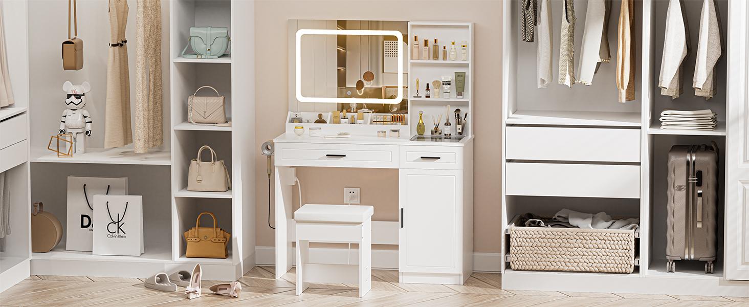 HOMMPA Vanity Desk with Mirror and Lights 41.3“W Makeup Desk with Drawers and Storage Modern Vanity Table with Lighted Mirror Makeup Table with Outlet Dressing Table with Glass Top for Bedroom White