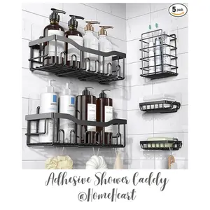 Rustproof Shower Caddy 5 Pack - Efficient Bathroom & Kitchen Storage with Shower Shelves, Durable & Easy to Clean, Black, Grey & Stainless Steel 3Pc-Black, Self-Adhesive Wall-Mounted Shower Caddy, Stainless Steel L-shaped