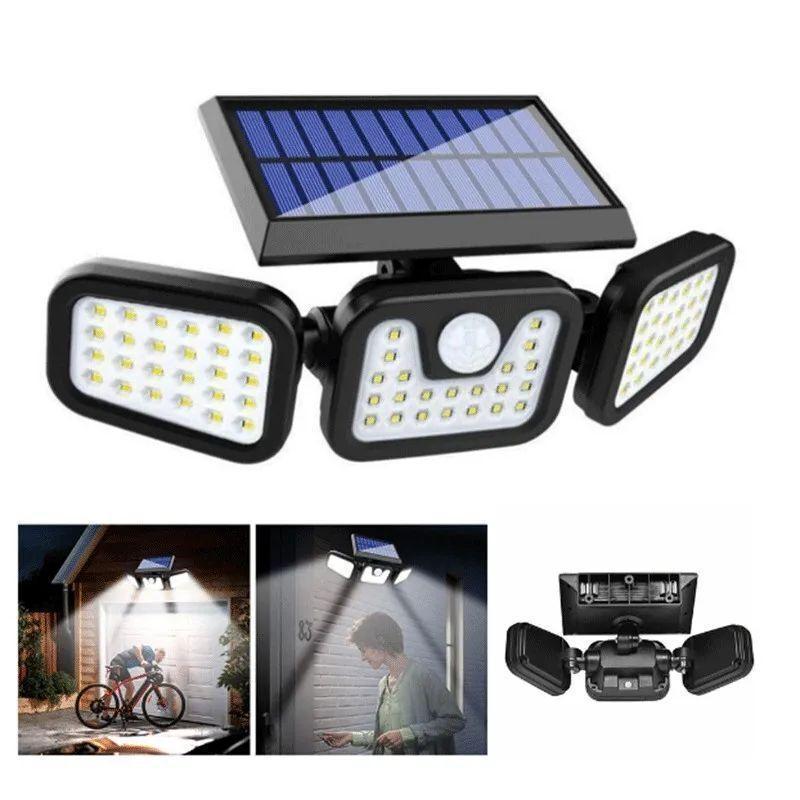 2500LM Motion Sensor Solar Outdoor Lights 210LED 3 Heads IP65 Waterproof 270° Wide Angle 3 Modes